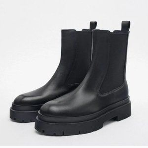 ZARA 100% Leather Black Ankle Boots with lug soles "Chelsea booties"
